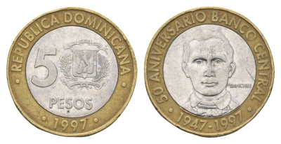 Доминиканская Республика (Доминикана) 5 песо 1997 50 лет Центробанку KM 88 биметалл 4663-923