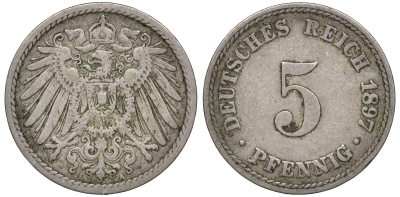 Германия 5 пфеннигов 1897 A, KM 11, J. 12 медно-никель 53-1046