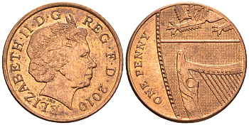 Великобритания 1 пенни 2010 Елизавета II (1952-2022) KM 1107, Spink B6 сталь плакированная медью 4609-718