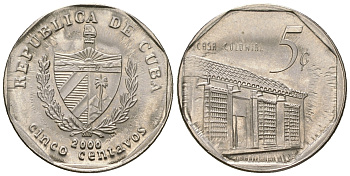 Куба 5 сентаво 2000 колониальный дом KM 575.2, Schoen 713, JMA MC19 сталь плакированная никелем  UNC  4528-1018