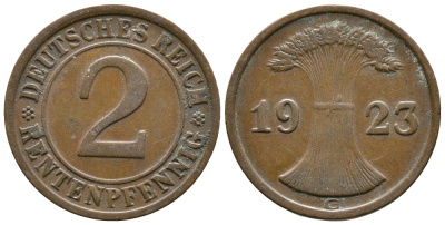 ГЕРМАНИЯ 2 РЕНТЕНПФЕННИГА 1923 G KM 31, J. 307 бронза 73-1235