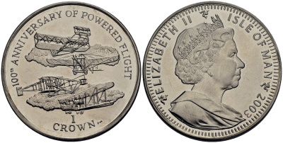 Остров Мэн 1 крона 2003 100-летие полетов с двигателем КМ 1196 медно-никель UNC M91-19