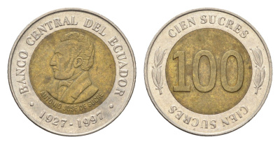 Эквадор 100 сукре 1997 70 лет Центробанку KM 101 биметалл 4664-417
