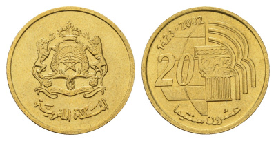 Марокко 20 сантимов 2002 AH 1423, год-тип Y 115 медь алюминий цинк олово UNC 216-733