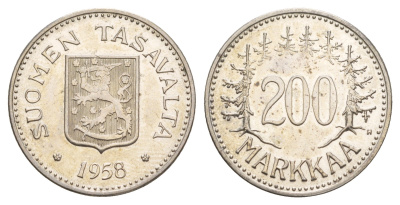 Финляндия 200 марок 1958 H KM 42 серебро aUNC 4654-754