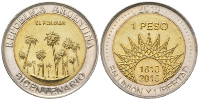 Аргентина 1 песо 2010 200 лет Аргентине - парк Эль-Палмар KM 156 биметалл UNC 4620-641