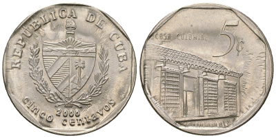 Куба 5 сентаво 2000 колониальный дом KM 575.2, Schoen 713, JMA MC19 сталь плакированная никелем  UNC  4528-1018