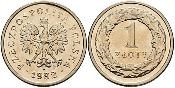 Польша 1 злотый 1992 MW KM 282 медно-никель UNC 02-265-47