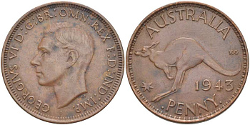 Австралия 1 пенни 1943 b, Георг VI (1936-1952), кенгуру, с буквой I KM 36 бронза 4512-1133