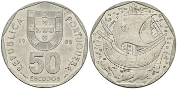 Португалия 50 эскудо 1988 парусник KM 636 медно-никель 4149-113