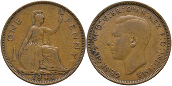 Великобритания 1 пенни 1944 Георг VI (1936-1952) КМ 845, Spink 4114 бронза 115-421