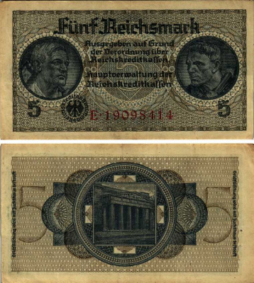 ГЕРМАНИЯ 5 РЕЙХСМАРОК 1940-1945 ВОСЕМЬ ЦИФР В НОМЕРЕ СЕРИИ, ВТОРАЯ МИРОВАЯ ВОЙНА, ГЕРМАНСКАЯ ОККУПАЦИЯ, ДЛЯ ОККУПИРОВАНЫХ ТЕРРИТОРИЙ Pick R138b бумага 6299-51-2-1
