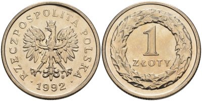Польша 1 злотый 1992 MW KM 282 медно-никель UNC 02-265-47