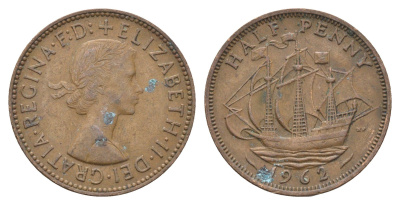 Великобритания 1/2 пенни 1962 Елизавета II (1952-2022) KM 896, Spink 4158 бронза 4662-1213