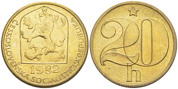 Чехословакия 20 геллеров 1982 социалистическая Республика KM 74 латунь 77-235
