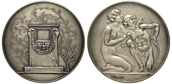 Германия медаль XX век девушка и юноша, эротика, 50 мм, 43,0 гр  белый металл  UNC  1072-6-41