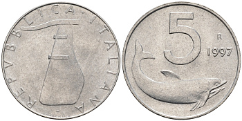 Италия 5 лир 1997 R, дельфин KM 92 алюминий  UNC  4594-639