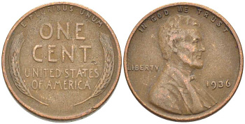 США 1 ЦЕНТ 1936 ЛИНКОЛЬН KM 132 бронза 3309-1239