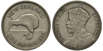 Новая Зеландия 1 флорин 1933 Георг V (1910-1936), птичка киви KM 4 серебро 272-1211