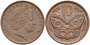 Новая Зеландия 10 центов 2006 маска Маори, Елизавета II (1952-) KM 117а сталь плакированная медью 186-432