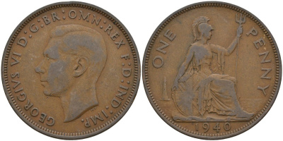 Великобритания 1 пенни 1940 Георг VI (1936-1952) KM 845, Spink 4114 бронза 4144-914