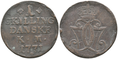 Дания 1 скиллинг 1771 КМ, Кристиан VII (1766-1808) KM 616 (С47) медь    221-221