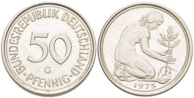 ФРГ 50 ПФЕННИГОВ 1975 G KM 109.2, J. 384 медно-никель 4401-1021