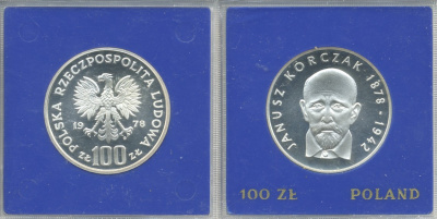 Польша 100 злотых 1978 MW, 100 лет со дня рождения Януша Корчака (1878-1942), в оригинальной пластиковой упаковке KM 94 серебро серебро PROOF 5-3-1-21
