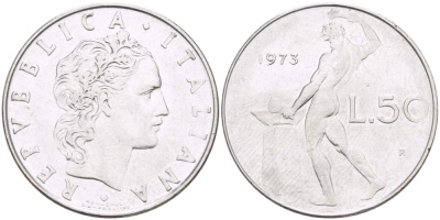 ИТАЛИЯ 50 ЛИР 1973 R, КУЗНЕЦ, ВУЛКАН БОГ ОГНЯ, ДИАМЕТР 25 ММ. KM 95.1 нержавеющая сталь 113-721