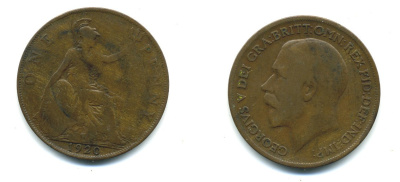 Великобритания 1 пенни 1920 Георг V (1910-1936) KM 810, Spink 4051 бронза 41-845