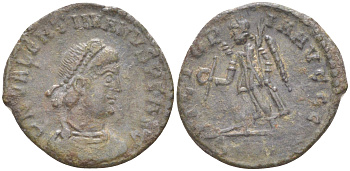 Римская Империя центенионалий 378 - 383 Валентиниан II, бюст императора, DN VALENTINIANVS PF AVG / Виктория, VICTORIA AVGGG, Рим (из немецкой коллекции 1-й половины XX века, с владельческим конвертом) RIC 48 (с) бронза 1073-14-106