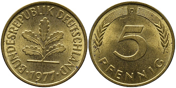 ФРГ 5 пфеннигов 1977 D KM 107, J.382 сталь плакированная латунью 99-114