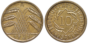 Германия 10 рейхспфеннигов 1931 A KM 40, J. 317 алюминиевая бронза 4604-715