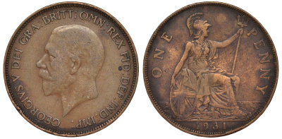 Великобритания 1 пенни 1931 Георг V (1910-1936) KM 838, Spink 4055 бронза 4123-1033