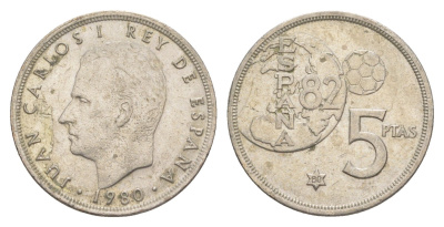 Испания 5 песет 1980 (80) Хуан Карлос , чемпионат мира по футболу, Испания 1982 KM 817 медно-никель 4619-1237