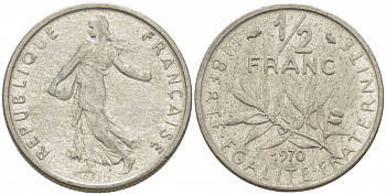 ФРАНЦИЯ 1/2 ФРАНКА 1970 KM 931.1 никель 3309-1114