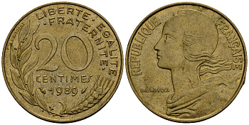 Франция 20 сантимов 1989 KM 930 алюминиевая бронза 4138-351