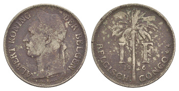 Бельгийское Конго 1 франк 1926 Надпись на голландском - 'ALBERT KONING DER BELGEN' KM 21 медно-никель 4650-437