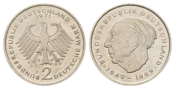 ФРГ 2 марки 1971 J, Теодор Хойс KM A127, J. 407 медно-никель 3459-956