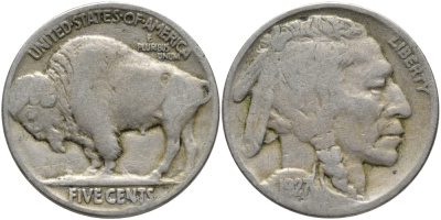 США 5 ЦЕНТОВ 1927 Р, ИНДЕЕЦ, БИЗОН KM 134 медно-никель 4178-136