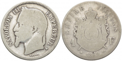 Франция 1 франк 1869 А, Наполеон III KM 806.1 серебро 4448-313