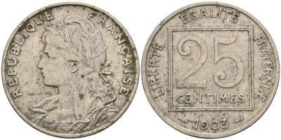 Франция 25 сантимов 1903 Patey 1er Type KM 855, Le Franc 168.3 никель 51-3247