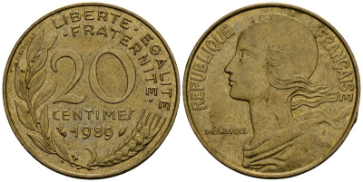 Франция 20 сантимов 1989 KM 930 алюминиевая бронза 4138-351