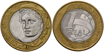 Бразилия 1 реал 2008 KM 652a биметалл 4155-124
