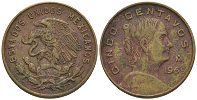 Мексика 5 сентаво 1969 Жозефа Ортис де Домингес KM 426 латунь 87-631