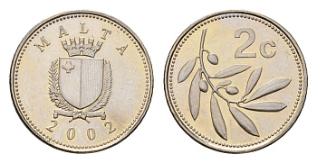 Мальта 2 цента 2002 оливковая ветвь KM 94 медно-никель UNC 4164-319