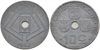 БЕЛЬГИЯ 10 САНТИМОВ 1942 BELGIE-BELGIQUE, ГЕРМАНСКАЯ ОККУПАЦИЯ, ВТОРАЯ МИРОВАЯ ВОЙНА KM 126 цинк 3718-543
