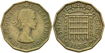 Великобритания 3 пенса 1956 Елизавета II (1952-2022) KM 900, Spink 4153 никель латунь 4561-1024