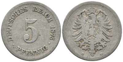 ГЕРМАНИЯ 5 ПФЕННИГОВ 1875 B, СТАРОГЕРБОВКА KM 3, J. 3 медно-никель 39-361