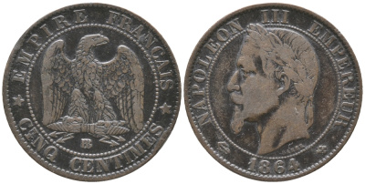 ФРАНЦИЯ 5 САНТИМОВ 1864 ВВ, НАПОЛЕОН III (1852-1870) KM 797.2, LE FRANC 117.12 бронза 34-442